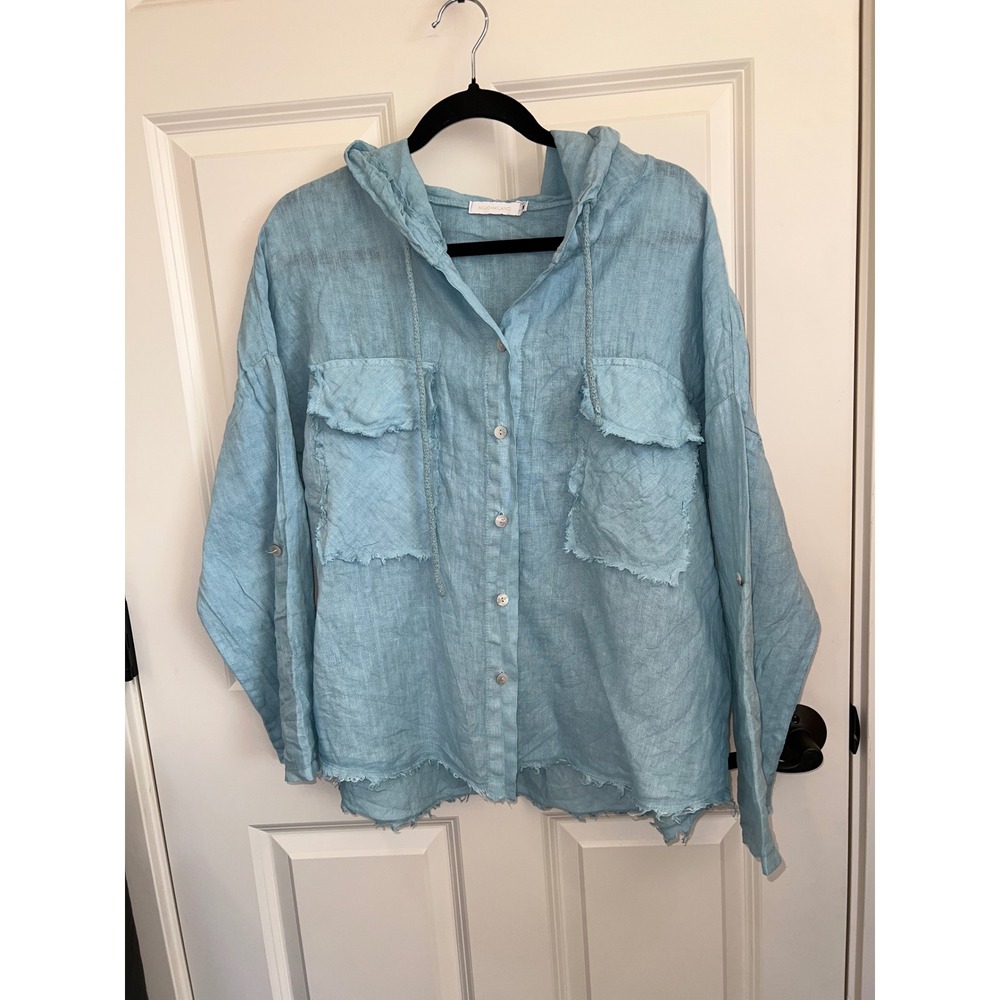 Milio Milano Linen Hooded Button Down Raw Edge Lightweight Jacket Top Medium